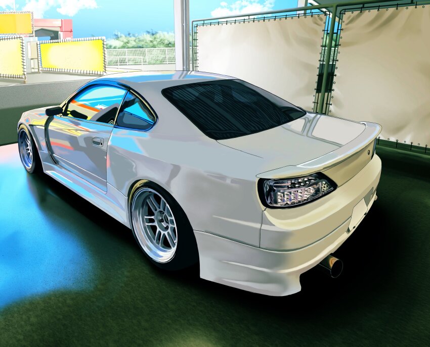 absurdres blue_sky car commentary_request day highres motor_vehicle nissan_silvia no_humans original outdoors photorealistic realistic s_sho_mkrn sky vehicle_focus white_car