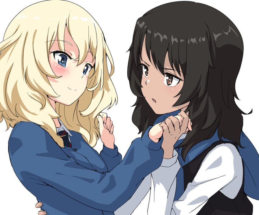 2girls andou_(girls_und_panzer) bc_freedom_military_uniform bc_freedom_school_uniform black_hair blonde_hair blue_eyes blush brown_eyes buchikaki closed_mouth girls_und_panzer holding_hands medium_hair military_uniform multiple_girls open_mouth oshida_(girls_und_panzer) school_uniform simple_background upper_body white_background yuri