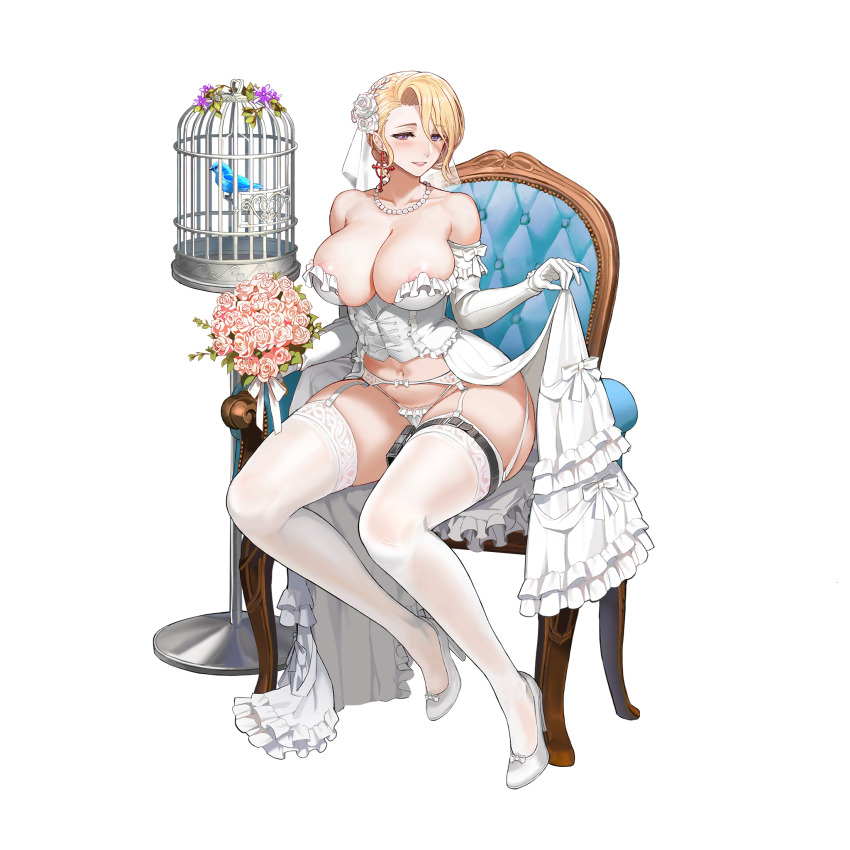 1girl amy_razor bare_shoulders bird blonde_hair bouquet breasts bridal_lingerie bridal_veil bride cage chair cleavage corset dress earrings elbow_gloves flower full_body game_cg garter_belt garter_straps gloves hair_between_eyes high_heels highres jewelry large_breasts last_origin lingerie looking_at_viewer mature_female navel necklace official_art open_clothes open_dress panties pearl_necklace purple_eyes sitting skirt_hold smile solo tachi-e taesi thighhighs transparent_background underwear veil wedding_dress white_gloves white_panties white_thighhighs
