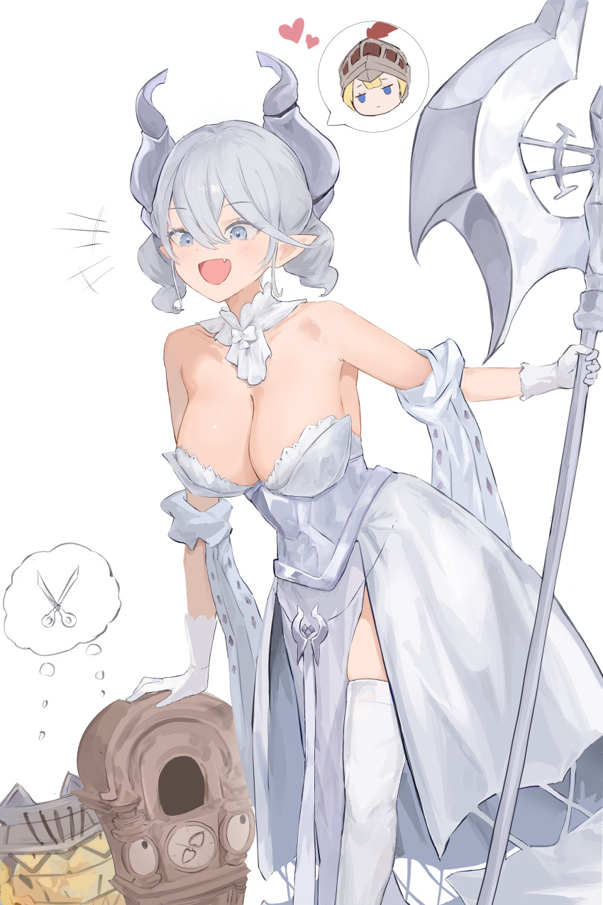 2girls 2others absurdres axe battle_axe blonde_hair blue_eyes blush breasts cleavage collarbone corset demon_girl demon_horns detached_collar dress drill_hair gloves grey_eyes grey_hair hair_between_eyes heart highres holding holding_polearm holding_weapon horns knight_(yu-gi-oh!) labrynth_cooclock labrynth_stovie_torbie large_breasts lovely_labrynth_of_the_silver_castle multiple_girls multiple_others nbee_ya open_mouth pointy_ears polearm scissors simple_background smile speech_bubble thighhighs thought_bubble twin_drills weapon white_background white_dress white_gloves white_thighhighs yu-gi-oh! yuri