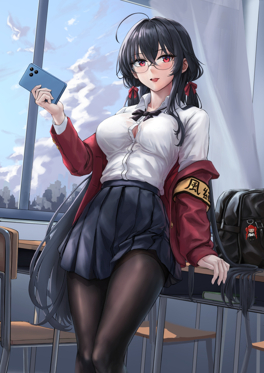 1girl absurdres ahoge armband azur_lane bag black_bow black_bowtie black_hair black_pantyhose black_skirt bow bowtie breasts button_gap cellphone collared_shirt commentary desk hair_ribbon highres holding holding_phone honolulu_(azur_lane) honolulu_(umbrella_girl)_(azur_lane) huge_ahoge indoors jacket large_breasts long_hair long_sleeves looking_at_viewer loose_bowtie official_alternate_costume on_desk open_mouth pantyhose phone pleated_skirt red_eyes red_jacket red_ribbon ribbon round_eyewear school_bag school_uniform shirt sitting skirt smartphone solo taihou_(azur_lane) taihou_(sweet_time_after_school)_(azur_lane) thighband_pantyhose very_long_hair vincent_ky white_shirt window yellow_armband