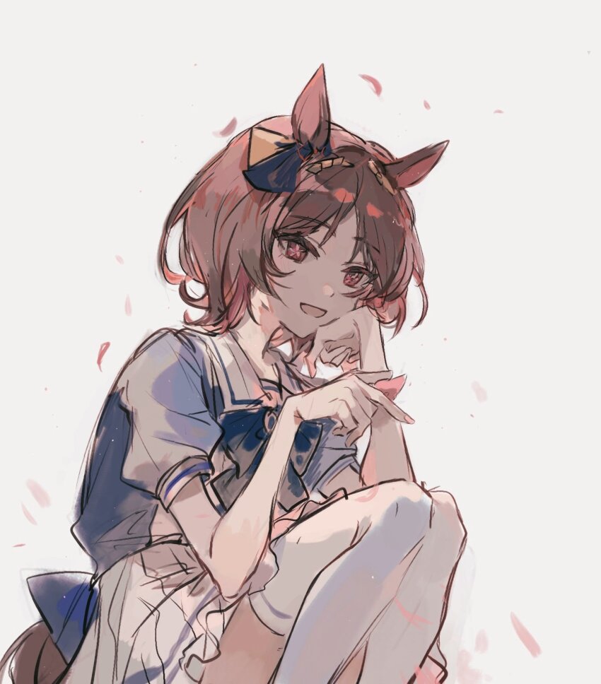 1girl animal_ears ascot bow brown_hair ear_bow ear_ornament ear_scrunchie flower_in_eye hair_ornament highres horse_ears horse_girl horse_tail kneehighs open_mouth petals pink_ascot pink_eyes purple_eyes sakura_laurel_(umamusume) school_uniform shirt short_hair short_sleeves simple_background sitting skirt smile socks solo symbol_in_eye tail tracen_school_uniform umakrrrr umamusume white_socks
