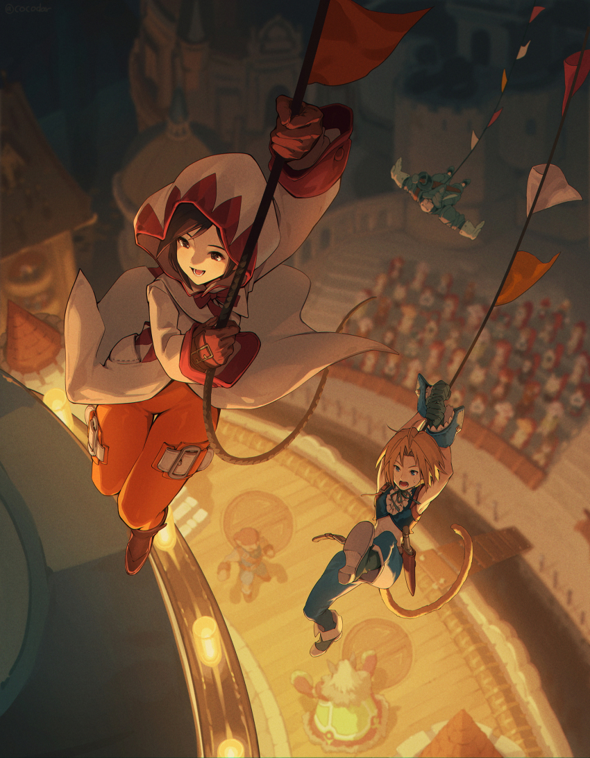 absurdres adelbert_steiner armor armpits blonde_hair blue_eyes bodysuit boots brown_eyes brown_hair castle character_request cloak cocodar crowd dagger final_fantasy final_fantasy_ix full_armor garnet_til_alexandros_xvii gloves highres knife long_sleeves looking_at_another marcus_(ff9) monkey_tail multiple_boys night open_mouth orange_bodysuit outdoors outstretched_arms pants red_gloves rope sheath sheathed shirt sword sword_on_back tail theater weapon weapon_on_back white_cloak zidane_tribal