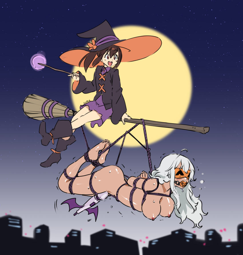 2girls ahoge ball_gag barefoot bdsm black_boots black_hat black_jacket blue_eyes bondage boots bound breasts broom broom_riding brown_hair commentary commission completely_nude dress english_commentary eudetenis feet_up femdom full_moon gag hand_up hat highres hitachi_magic_wand holding holding_wand jacket large_breasts long_hair long_sleeves medium_hair moon motion_lines multiple_girls night night_sky nipples nude open_mouth original outdoors purple_dress rope second-party_source sex_toy shibari sitting sky skyline sleep_mask smile star_(sky) starry_sky suspension sweat trembling vibrator wand white_hair witch_hat