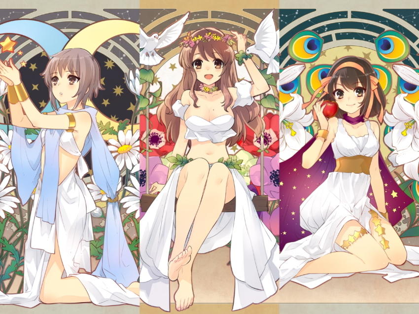 3girls armband asahina_mikuru bare_shoulders barefoot bikini bird black_hair bracelet breasts brown_eyes cape cleavage closed_mouth collarbone commentary_request crescent daisy dress feet flower full_body gold_armlet gold_bracelet grey_hair hairband hand_up head_wreath ito_noizi jewelry kneeling lily_(flower) looking_at_viewer medium_breasts multiple_girls nagato_yuki navel official_art open_mouth orange_hairband parted_lips pigeon poppy_(flower) purple_cape sarong second-party_source short_hair sitting sleeveless sleeveless_dress small_breasts soles strapless strapless_bikini suzumiya_haruhi suzumiya_haruhi_no_yuuutsu swimsuit toes white_armband white_bikini white_dress white_flower white_sarong