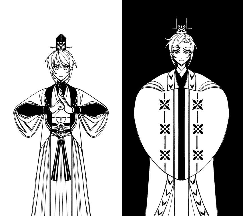 2girls age_comparison androgynous black_background chinese_clothes chinese_commentary chinese_text code:_kite commentary_request dual_persona feet_out_of_frame greyscale guanglingwang hands_in_opposite_sleeves hanfu highres long_sleeves looking_at_viewer monochrome multiple_girls palm-fist_greeting protected_link simple_background simplified_chinese_text smile split_theme straight-on translation_request weibo_7587683077 white_background wide_sleeves