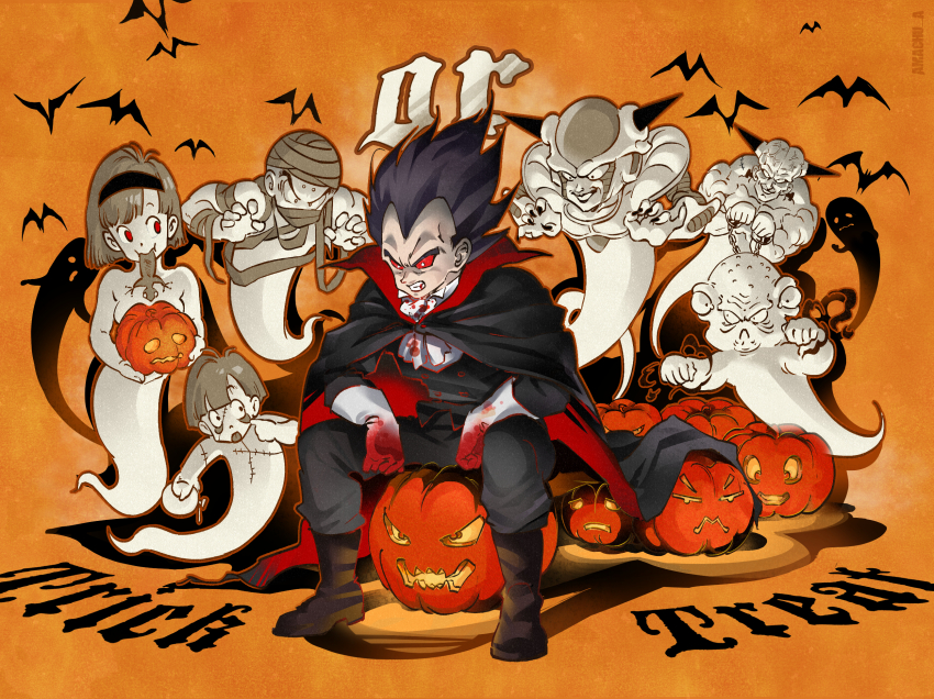 1girl 1st_form_frieza 6+boys amachu_a bandages bat_(animal) black_cape black_hair blood blood_from_mouth blood_on_clothes blood_on_hands bowl_cut bulma cape captain_ginyu chain clenched_teeth colored_sclera commentary cuffs dragon_ball dragonball_z extra_eyes facial_mark forehead_mark frieza frown ghost gloves guldo hairband highres horns jack-o&#039;-lantern kuririn multiple_boys orange_background red_eyes red_sclera shackles simple_bat sitting smile son_gohan stitches symbol-only_commentary teeth tongue tongue_out trick_or_treat vampire vegeta white_gloves