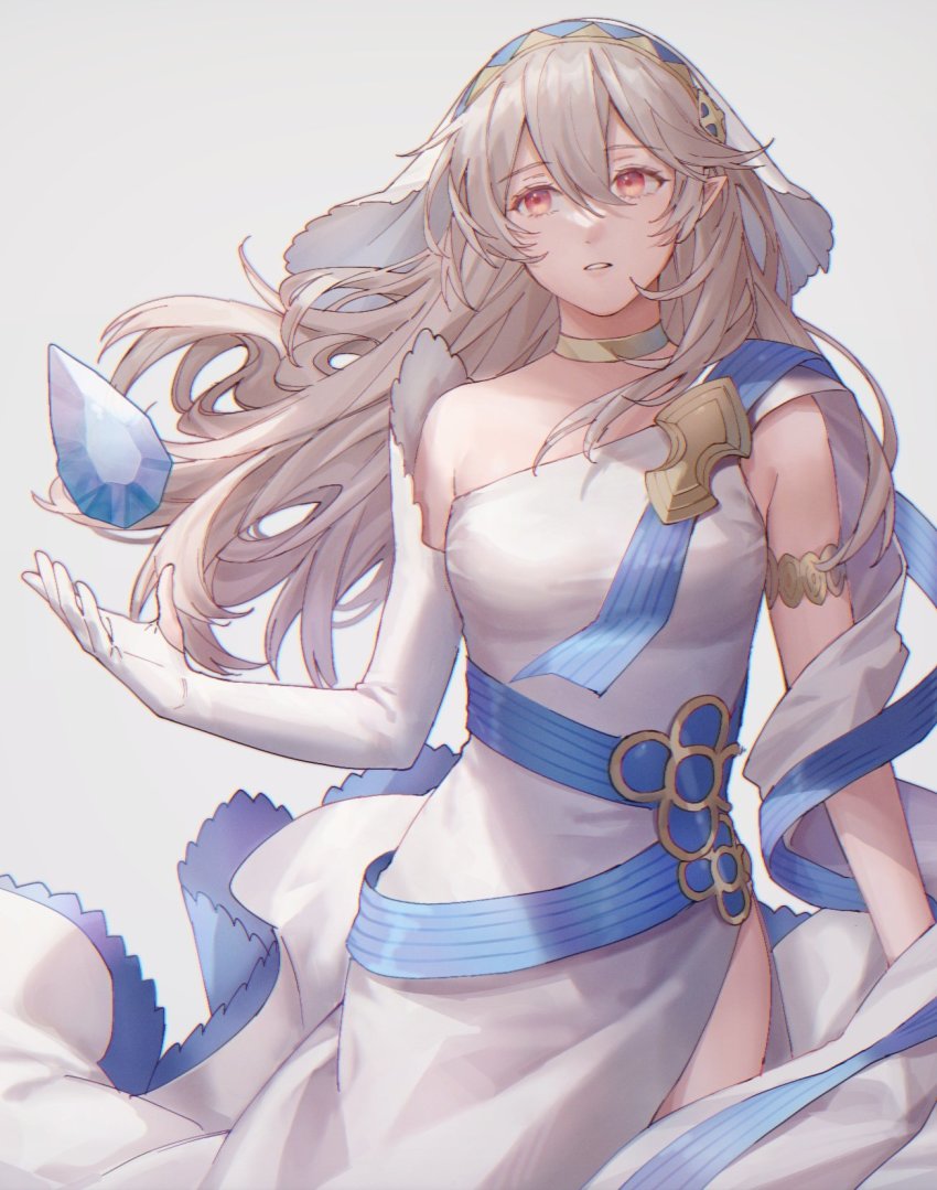 1girl ai_tkkm armlet asymmetrical_clothes commentary_request female_corrin_(adrift)_(fire_emblem) female_corrin_(fire_emblem) dragonstone dress elbow_gloves fire_emblem fire_emblem_fates fire_emblem_heroes floating floating_hair floating_object gloves grey_hair hair_between_eyes highres jewelry long_dress long_hair looking_away nintendo official_alternate_costume pointy_ears red_eyes simple_background single-shoulder_dress single_glove solo veil white_dress white_gloves white_veil