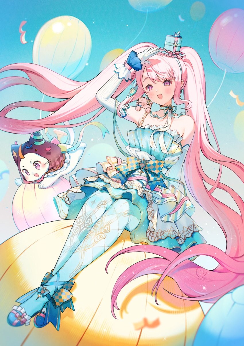 1girl :d blue_dress blue_pantyhose blue_shoes dress elbow_gloves full_body gloves hat highres infinity_nikki long_hair mini_hat momo_(nikki) nikki_(nikki) nikki_(series) open_mouth pantyhose pink_hair purple_eyes shoes sitting smile solo twintails very_long_hair white_gloves yenkoes