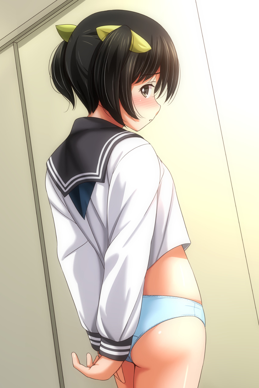 1girl absurdres aqua_panties arms_behind_back ass black_hair black_sailor_collar blush brown_eyes commentary_request hair_ribbon highres long_sleeves looking_at_viewer looking_to_the_side matsunaga_kouyou original panties parted_lips ribbon sailor_collar school_uniform shirt short_twintails sideways_glance solo standing twintails underwear white_shirt