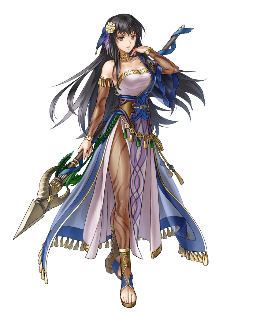 1girl bare_shoulders black_eyes black_hair breasts detached_collar dress fire_emblem fire_emblem:_the_blazing_blade fire_emblem_heroes full_body gold_trim hair_ornament highres holding holding_weapon karla_(fire_emblem) karla_(hatari)_(fire_emblem) kita_senri loincloth long_hair medium_breasts nintendo non-web_source official_art pantyhose polearm short_sleeves spear strapless strapless_dress toeless_footwear toes transparent_background weapon wide_sleeves