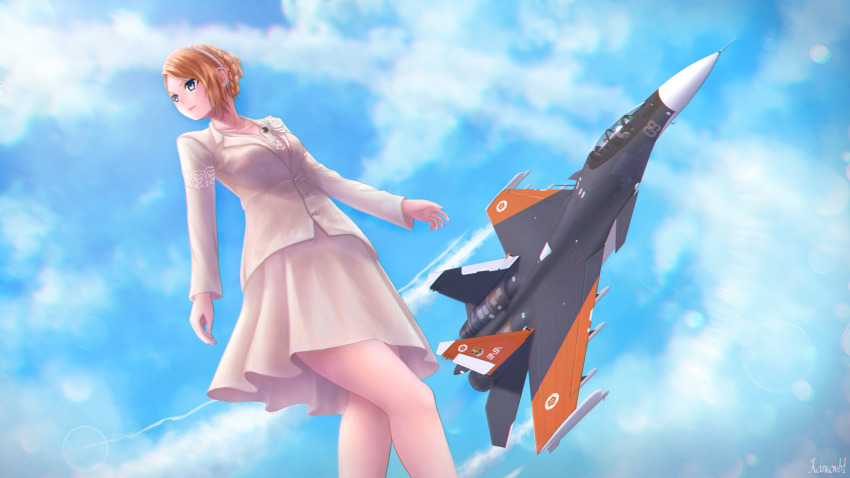 1girl ace_combat ace_combat_7:_skies_unknown air_supreriority_fighter aircraft airplane artist_request blonde_hair blue_eyes blue_sky boutonniere braid canards chromatic_aberration cloud contrail day female_focus fighter_aircraft french_braid from_below highres interdictor karkovb152 legs military multirole_combat_aircraft princess rosa_cossette_d&#039;elise skirt sky solo solo_focus su-30 thighs vehicle_focus white_skirt