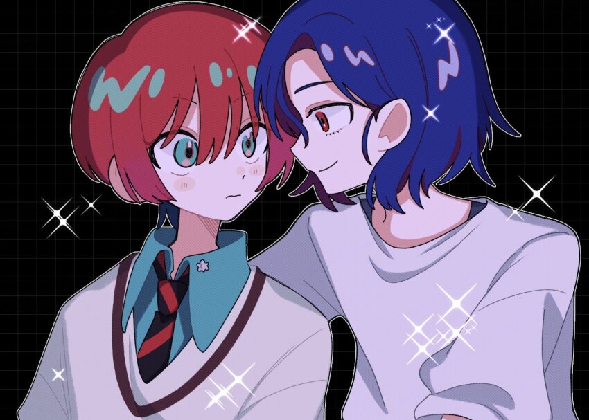1boy 1girl 5q00v amate_yuzuriha aqua_eyes black_background blue_hair blush collared_shirt colored_inner_hair grid_background gundam gundam_gquuuuuux looking_at_another lower_eyelashes_only multicolored_hair necktie purple_hair red_eyes red_hair school_uniform shirt short_hair shuji_ito smile sparkle sweater two-tone_hair upper_body white_shirt