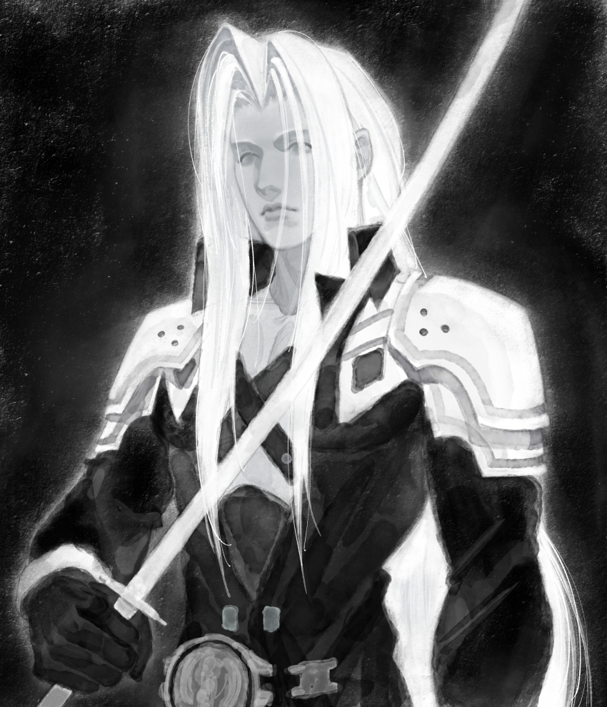 1boy absurdres armor belt belt_buckle black_background buckle chest_strap closed_mouth coat collared_coat curtained_hair final_fantasy final_fantasy_vii gloves high_collar highres holding holding_sword holding_weapon long_hair long_sleeves looking_ahead male_focus masamune_(ff7) pauldrons sephiroth shoulder_armor shyuuwei solo sword upper_body very_long_hair weapon