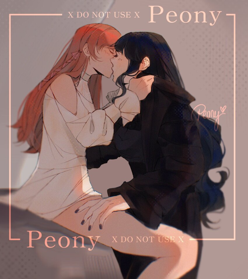2girls absurdres artist_name between_legs black_hair black_jacket black_nails blush closed_eyes clothing_cutout commentary dress english_commentary final_fantasy final_fantasy_xiv gaia_(ff14) hair_ribbon hand_on_another&#039;s_thigh highres jacket kiss long_hair long_sleeves multiple_girls orange_hair peony_peach_tea pink_ribbon ribbon ryne_waters shoulder_cutout watermark white_dress yuri