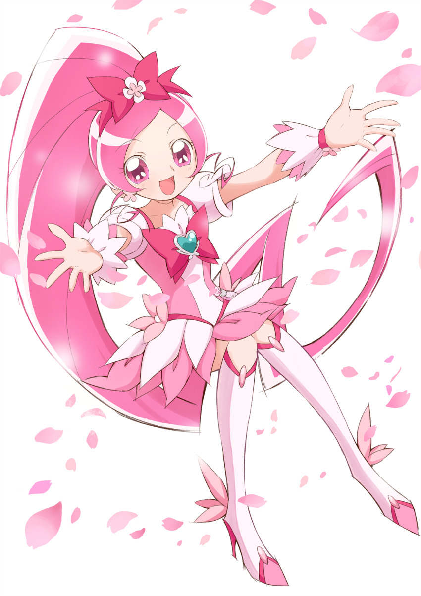 1girl :d aizawa_zawapo blush boots bottle bow brooch cherry_blossoms chest_bow choker collarbone commentary_request cure_blossom curly_sidelocks dress earrings falling_petals flower_dress flower_earrings frilled_cuffs frills full_body hair_bow hair_ornament hanasaki_tsubomi heart heart_brooch heartcatch_precure! high_heel_boots high_heels high_ponytail highres jewelry knee_boots knees_up long_hair looking_at_viewer magical_girl midair multicolored_boots multicolored_dress official_style open_hands open_mouth outstretched_arms parted_bangs partial_commentary perfume_bottle petals pink_boots pink_bow pink_choker pink_dress pink_eyes pink_petals pink_wrist_cuffs ponytail pouch precure puffy_short_sleeves puffy_sleeves short_dress short_sleeves simple_background smile solo spread_arms spread_fingers two-tone_boots two-tone_dress umakoshi_yoshihiko_(style) very_long_hair white_background white_boots white_dress wrist_cuffs