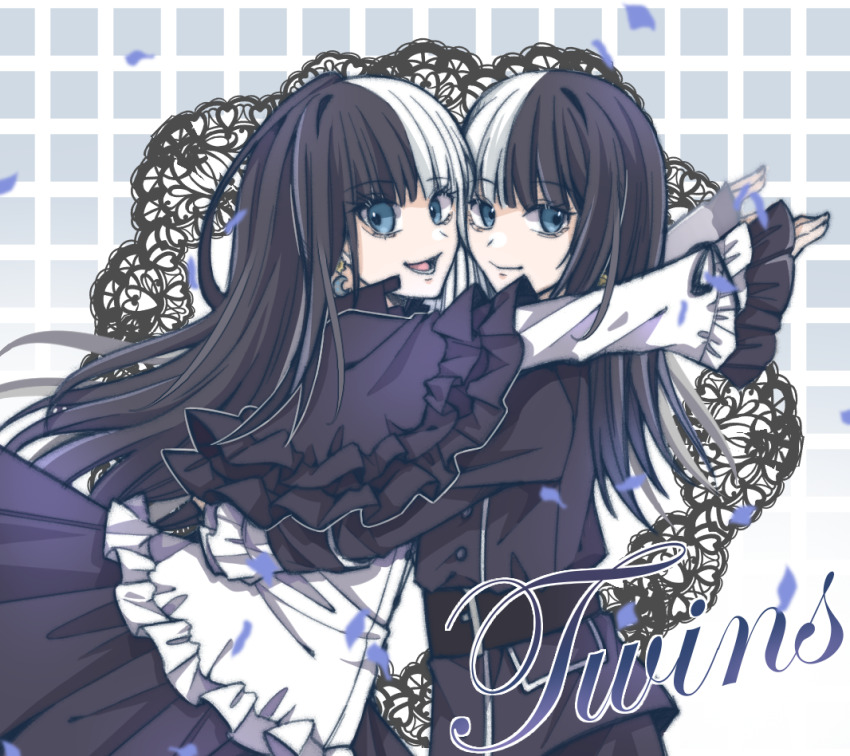 1boy 1girl belt black_coat black_dress black_hair black_ribbon blue_eyes brother_and_sister brown_belt coat crossdressing dress falling_petals grid_background hug jiip_stomach kamen_rider kamen_rider_(1st_series) kamen_rider_gavv kamen_rider_gavv_(series) looking_at_viewer multicolored_hair open_mouth petals ribbon siblings siita_stomach trap twins two-tone_hair user_rwxa2283 white_hair