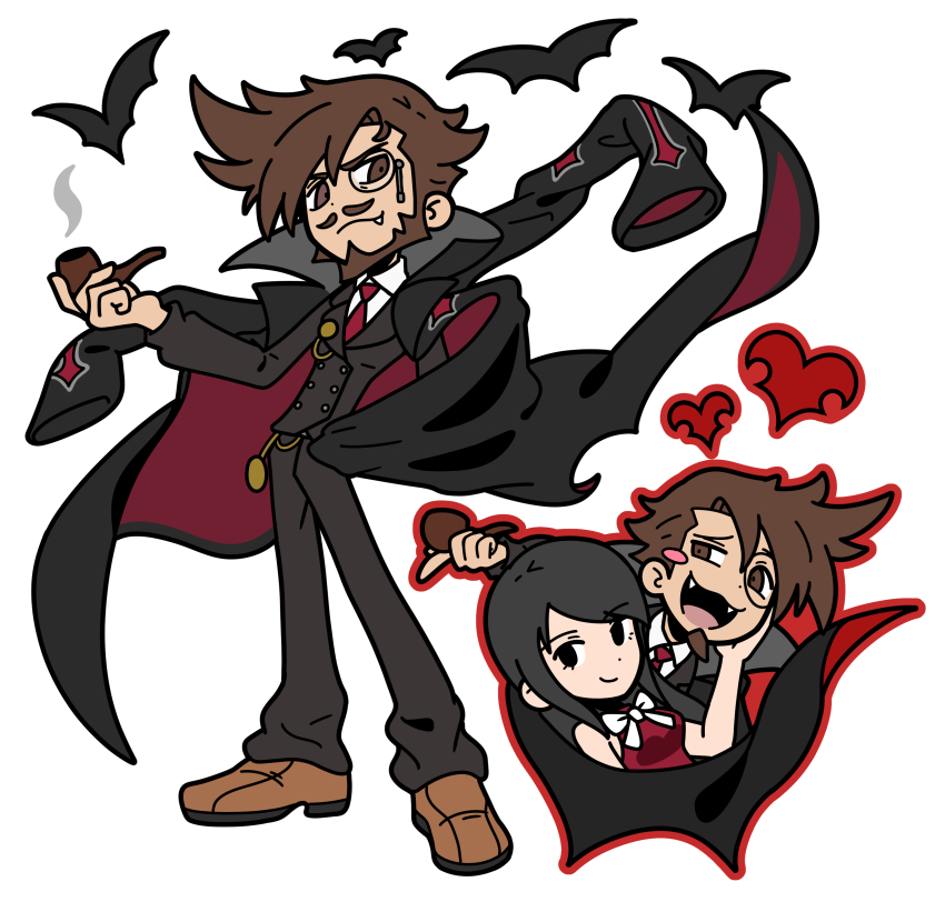 1boy 1girl :d absurdres bat_(animal) beard black_eyes black_hair blush_stickers bow bowtie brown_eyes brown_hair coat coat_on_shoulders facial_hair fangs formal_clothes goatee guilty_gear guilty_gear_strive heart highres holding holding_smoking_pipe male_focus monocle mustache necktie open_mouth red_necktie sach56000 sharon_(guilty_gear) simple_background single_blush_sticker slayer_(guilty_gear) smile smirk smoking_pipe spiked_hair suit teeth upper_teeth_only vampire white_background white_bow white_bowtie