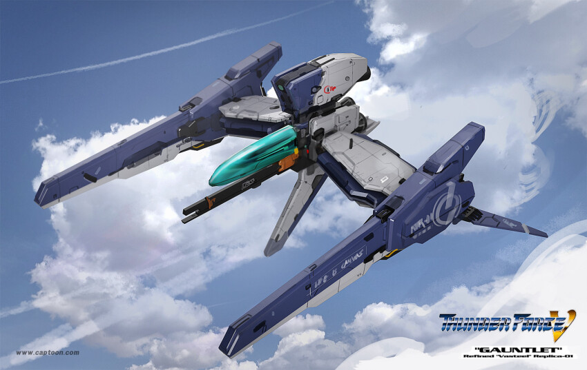 blue_sky captoon character_name cloud commentary concept_art contrail energy_cannon english_commentary english_text fake_screenshot flying gameplay_mechanics no_humans realistic rvr-01_gauntlet science_fiction signature sky spacecraft starfighter thunder_force thunder_force_v title video_game watermark web_address
