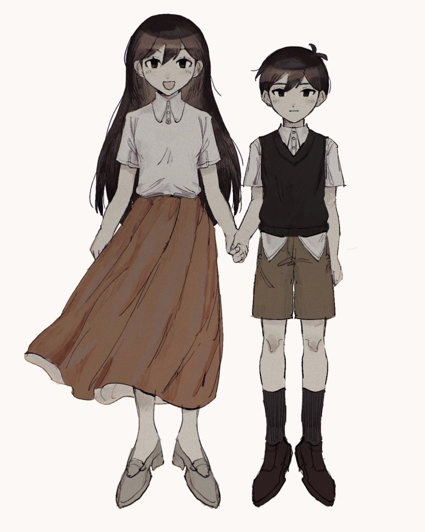 1boy 1girl :d :| antenna_hair black_eyes black_hair black_shoes black_socks black_sweater_vest breasts brother_and_sister brown_shorts brown_skirt buttons closed_mouth collared_shirt commentary_request double-parted_bangs empty_eyes film_grain full_body grey_shoes hair_behind_ear hair_between_eyes hatching_(texture) high_heels highres holding_hands kneehighs long_hair long_skirt looking_at_viewer mari_(faraway)_(omori) mari_(omori) no_pupils omori open_mouth pleated_skirt sema_(vivaviva_02) shirt shoes short_hair short_sleeves shorts siblings simple_background skirt small_breasts smile socks standing straight-on straight_hair sunny_(omori) sweater_vest very_short_hair white_background white_shirt wind