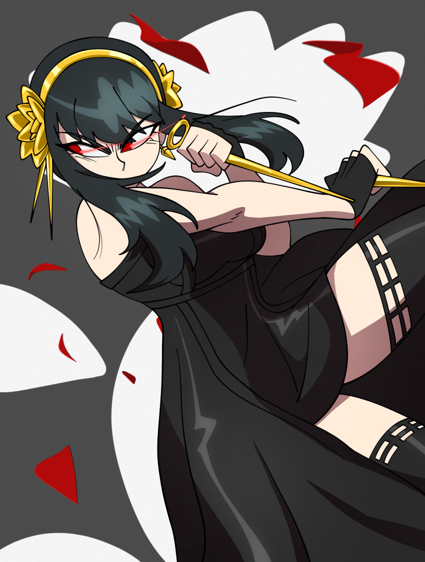 1girl absurdres black_dress black_hair breasts dagger dress earrings hairband highres holding holding_dagger holding_knife holding_weapon jewelry knife long_hair non-web_source red_petals solo spy_x_family thighhighs thighs thorns weapon yor_briar