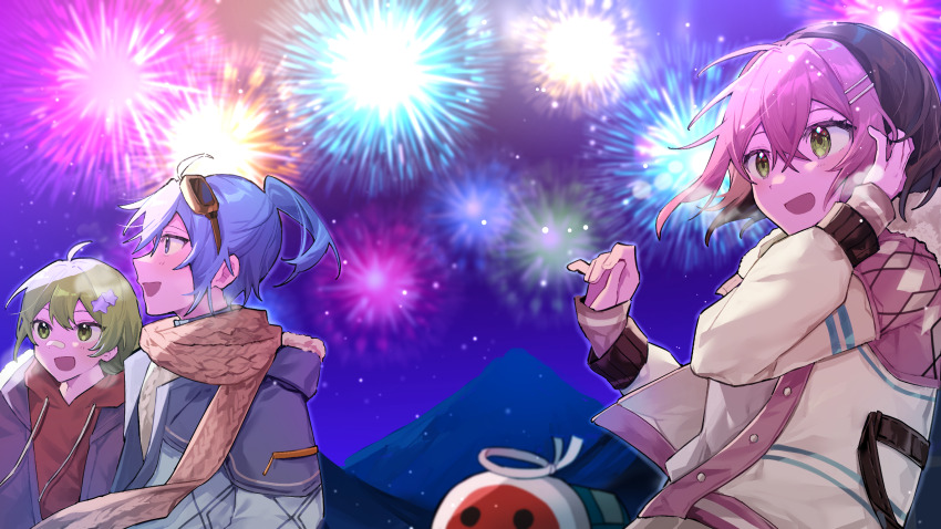 1boy 2girls :d aerial_fireworks ahoge black_hair blue_eyes blue_hair blue_jacket brown_scarf colored_bangs crossed_bangs fireworks fur-trimmed_hood fur_trim goggles goggles_on_head green_eyes green_hair hair_between_eyes hair_ornament hairclip highres hood hood_down hooded_jacket hoodie jacket knit_scarf long_sleeves mocha_(osu!) mountainous_horizon multicolored_hair multiple_girls nemururin night night_sky open_clothes open_jacket open_mouth osu! outdoors pink_hair pippi_(osu!) ponytail red_hoodie scarf second-party_source short_hair sideways_mouth sky sleeves_past_wrists smile star_(symbol) star_hair_ornament taiko_no_tatsujin two-tone_hair wada_don white_jacket yuzu_(osu!)