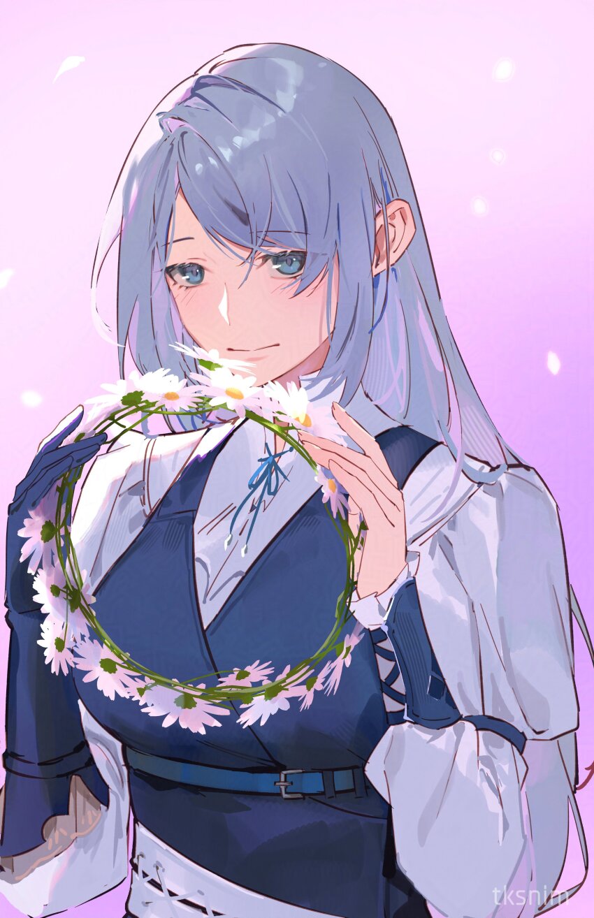 1girl absurdres arm_guards blue_gloves final_fantasy final_fantasy_xvi flower_wreath gloves grey_eyes grey_hair highres holding holding_wreath jill_warrick leather leather_vest looking_at_viewer neck_ribbon ribbon single_glove smile solo tk_(tksnim) vest