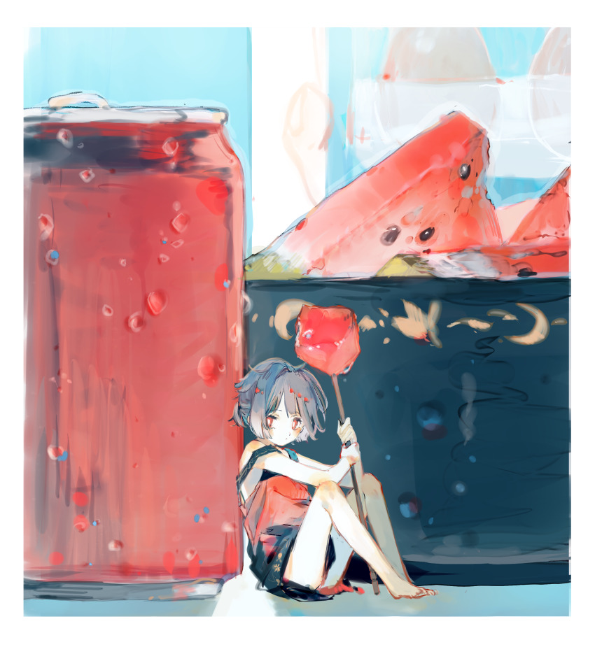 1girl absurdres adapted_costume barefoot black_dress blue_hair blush border bowl can closed_mouth commentary_request dress food fruit highres holding mini_person minigirl multicolored_dress red_dress red_eyes short_hair sleeveless sleeveless_dress solo sukuna_shinmyoumaru touhou watermelon watermelon_slice white_border zhixie_jiaobu