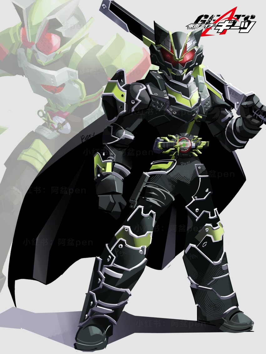 1boy armor belt_buckle black_armor black_bodysuit black_helmet bodysuit buckle bujinsword_buckle copyright_name desire_driver full_body green_armor green_helmet grey_background helmet highres holding holding_sword holding_weapon kamen_rider kamen_rider_geats_(series) kamen_rider_tycoon kamen_rider_tycoon_bujinsword multiple_views penpenhuihui red_eyes rider_belt simple_background sword weapon zoom_layer