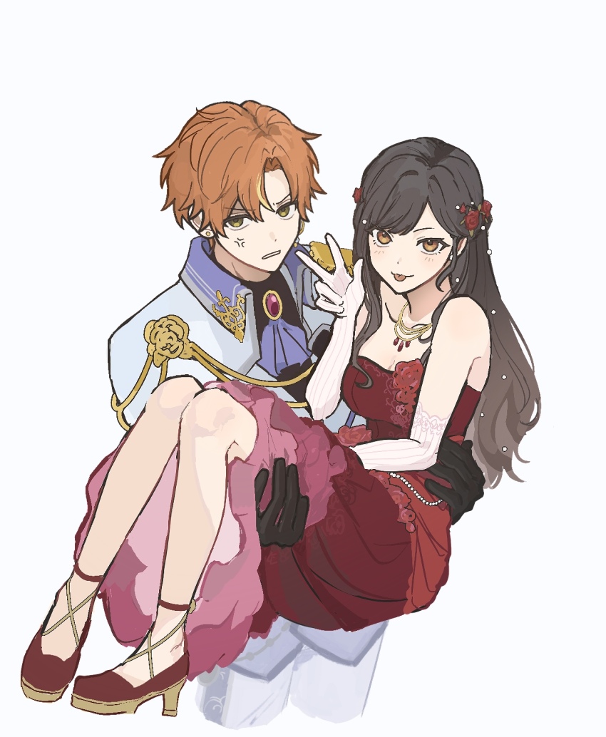 1boy 1girl aiguillette anger_vein angry aozora_ni_negau_your_happiness!_(project_sekai) ascot bare_shoulders black_gloves black_hair black_shirt blonde_streaks blue_ascot breasts brooch carrying commentary_request cowboy_shot dress elbow_gloves epaulettes flower formal_clothes frilled_dress frills full_body gem gloves golden_rose hair_flower hair_ornament high_heels highres jacket jewelry kaitou_shinshi_no_harahara!?_white_day_(project_sekai) light_blush long_hair looking_at_viewer medium_breasts multicolored_hair necklace official_alternate_costume official_alternate_hairstyle orange_eyes orange_hair pants parted_hair princess_carry project_sekai red_dress red_flower red_gemstone red_shoes rose shiaknl shinonome_akito shiraishi_an shirt shoes short_hair silver_trim simple_background single_epaulette strapless strapless_dress strappy_heels streaked_hair suit swept_bangs tongue tongue_out v-shaped_eyebrows very_short_hair w white_background white_gloves white_jacket white_pants white_suit