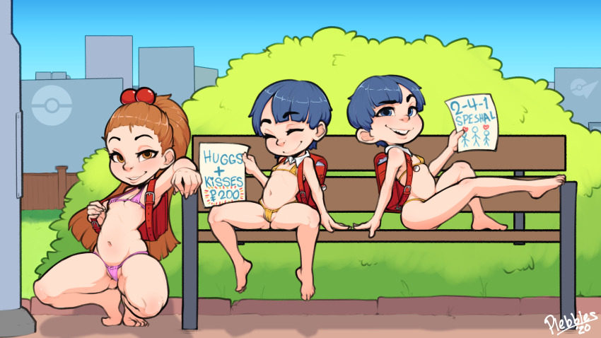 3girls ass bag bikini blue_eyes blue_hair brown_eyes brown_hair closed_eyes english_text exhibitionism female_focus flat_chest highres loli long_hair multiple_girls nintendo open_mouth original paper plebbles pokedollar pokemon ponytail public_indecency short_hair sitting smile swimsuit writing