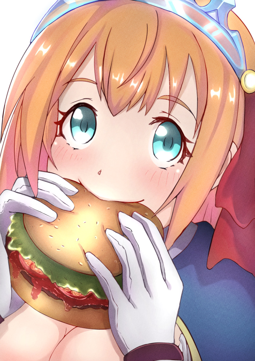 1girl blue_eyes breasts burger cleavage food hair_ribbon highres karamell large_breasts pecorine_(princess_connect!) princess_connect! ribbon undefined