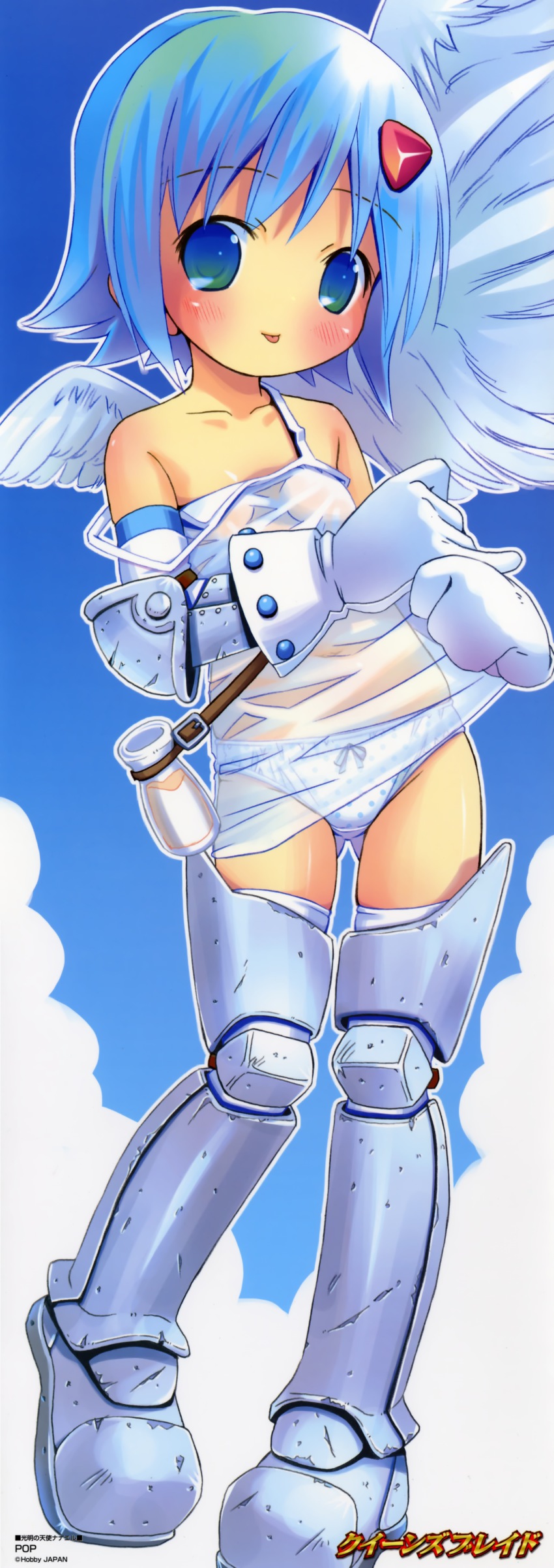 1girl :p absurdres angel angel_of_light_nanael angel_wings armor armored_dress artist_name asymmetrical_wings bare_shoulders blue_hair blush boots bottle bow bow_panties collarbone dress female_focus gloves green_eyes hair_ornament highres legs loli long_hair long_image looking_at_viewer milk multicolored_eyes nanael_(queen&#039;s_blade) panties pantyshot polka_dot polka_dot_panties pop queen&#039;s_blade see-through_clothes short_hair skirt solo standing stick_poster strap_slip tall_image thigh_boots thighhighs thighs tongue tongue_out underwear upskirt white_gloves white_panties wings