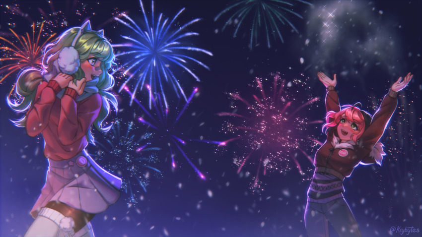 2girls black_hair black_pants black_pantyhose blue_scarf brown_jacket colored_bangs cowboy_shot cropped_jacket earmuffs green_hair grey_thighhighs highres jacket krybytes long_hair long_sleeves looking_at_another looking_back miniskirt mocha_(osu!) multicolored_hair multiple_girls osu! pants pantyhose pink_hair pippi_(osu!) pleated_skirt purple_skirt purple_sweater red_sweater scarf second-party_source short_hair skirt sweater thighhighs thighhighs_over_pantyhose twitter_username two-tone_hair