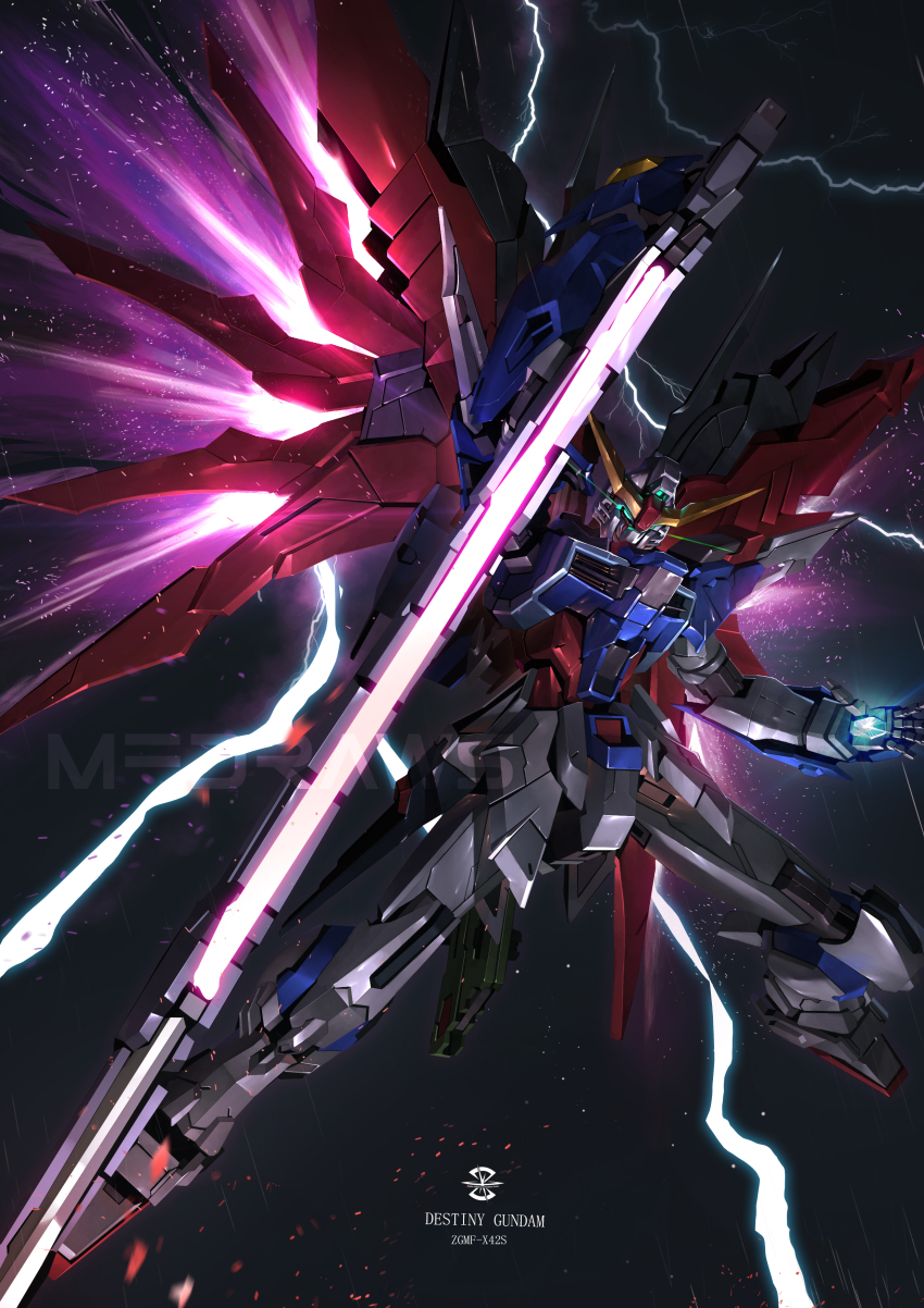 absurdres arm_slave_(mecha) armored_trooper beam_cannon beam_rifle energy_sword brayanong999 destiny_gundam energy_gun energy_sword energy_wings glowing glowing_hand gundam gundam_seed gundam_seed_destiny highres holding holding_sword holding_weapon mecha mechanical_wings mobile_suit robot science_fiction space sword thunder v-fin weapon wings