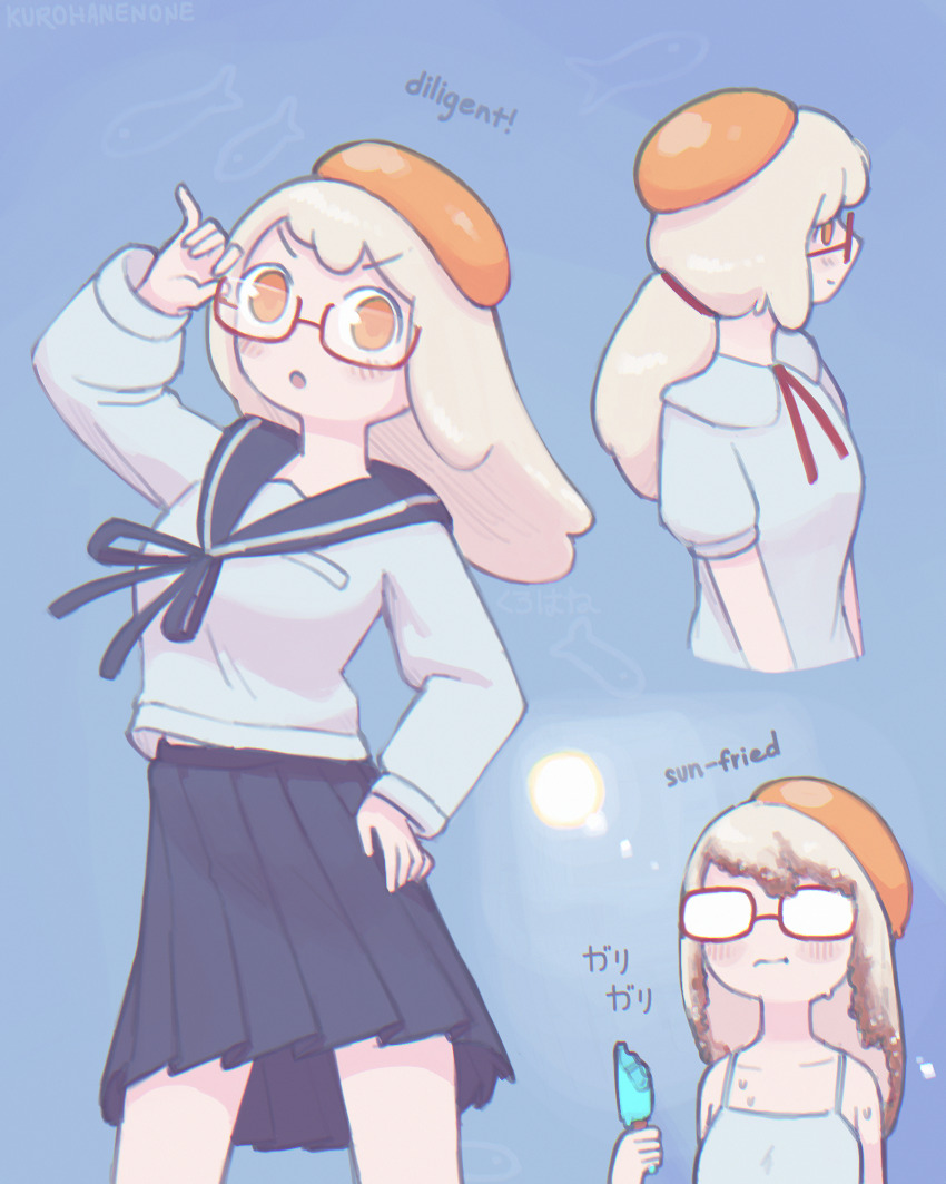 1girl adjusting_eyewear artist_name black_skirt blush chewing egg egg_(food) egg_yolk food food-themed_hair food_on_head fried_egg hair_tie hand_on_own_hip highres holding holding_food holding_popsicle kurohanenone looking_at_viewer melting_popsicle midriff_peek multiple_views object_on_head orange_eyes pleated_skirt ponytail popsicle red-framed_eyewear red_ribbon ribbon school_uniform semi-rimless_eyewear shimeji_simulation shirt skirt sweat tank_top white_shirt yamashita_majime