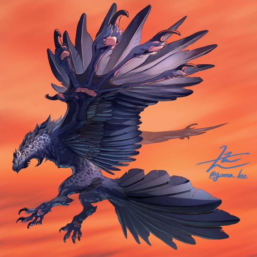 animal_ears animal_focus artist_name bird_tail bird_wings blue_fur cat_ears chimera claws feathered_wings from_side full_body highres looking_at_viewer monster no_humans orange_background original pawpads signature simple_background solo spots tail twitter_username wings yamamura_le yellow_eyes