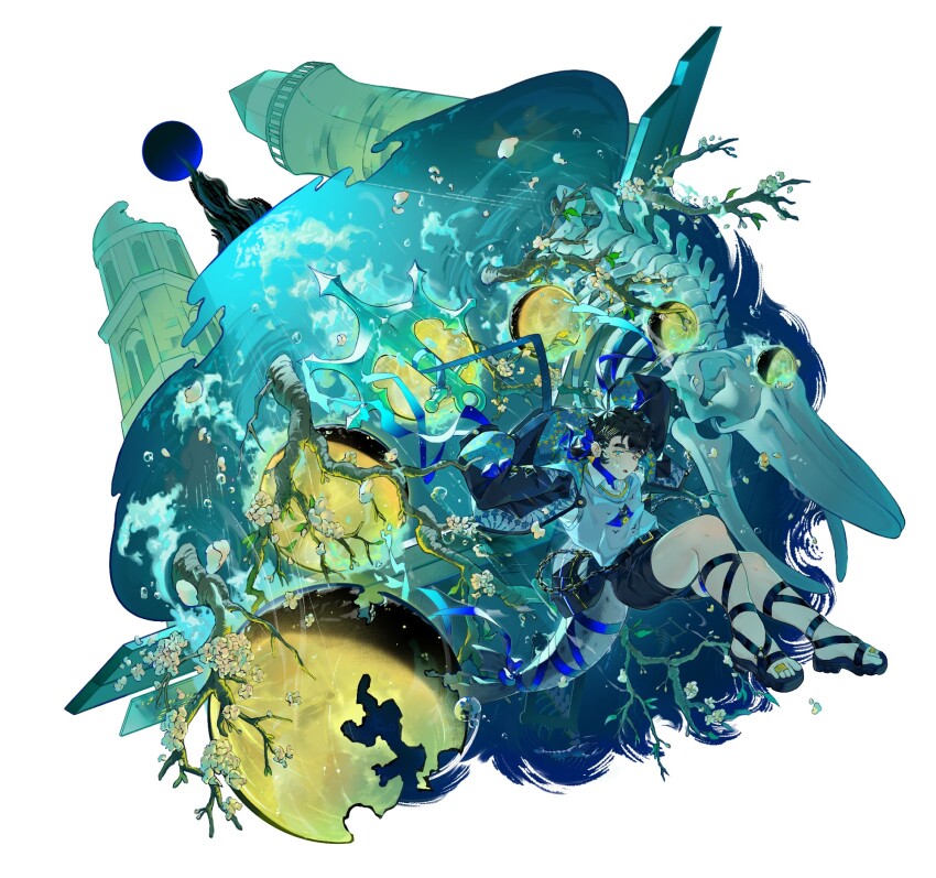 anchor black_hair black_skirt branch flower highres kie_(monochrome_finale) kiekoio large_tail looking_at_viewer monochrome_finale moon multicolored_eyes skeleton skirt tail two-tone_eyes underwater