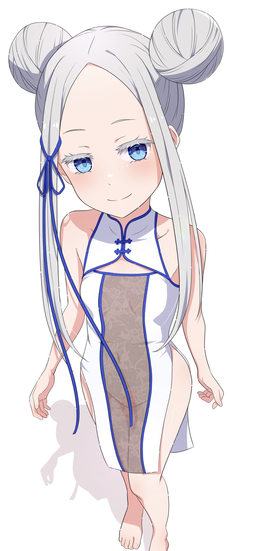 1girl absurdres bare_arms bare_legs bare_shoulders barefoot blue_eyes blush braid braided_bun china_dress chinese_clothes colored_eyelashes covered_erect_nipples dress flat_chest forehead full_body hair_bun hair_ribbon highres long_hair looking_at_viewer midriff na-suke navel off_shoulder pandora_(re:zero) parted_bangs re:zero_kara_hajimeru_isekai_seikatsu ribbon see-through_clothes shadow sidelocks simple_background sleeveless sleeveless_dress smile solo standing white_background white_dress white_hair