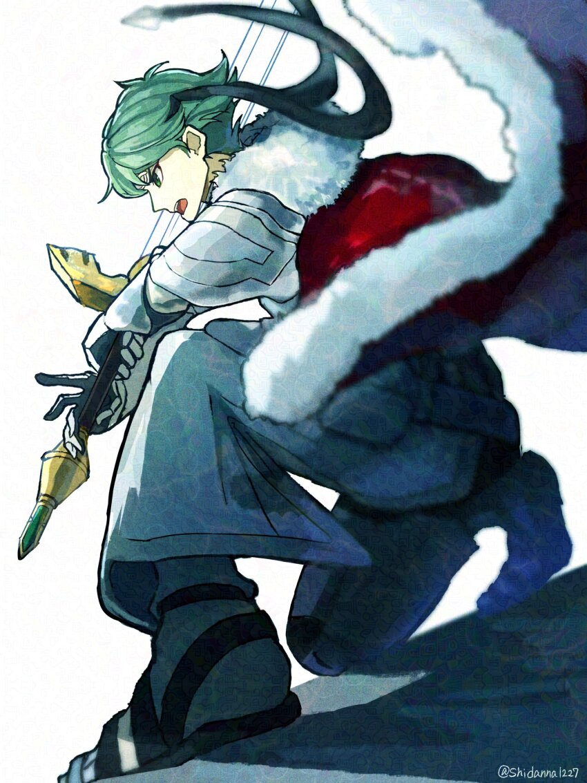 1boy alm_(fire_emblem) commentary_request fire_emblem fire_emblem_echoes:_shadows_of_valentia green_eyes green_hair highres holding holding_sword holding_weapon male_focus nintendo open_mouth shidanna1227 simple_background solo sword weapon white_background