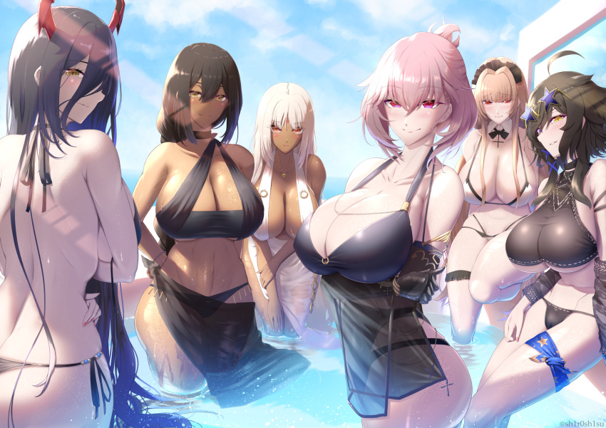 alternate_costume arms_under_breasts azur_lane bikini black_bikini black_hair black_headband black_one-piece_swimsuit blue_sky breasts brown_hair cleavage cloud cowboy_shot cross-laced_bikini cross-laced_clothes duca_degli_abruzzi_(azur_lane) duca_degli_abruzzi_(lustrous_onyx_sirenetta)_(azur_lane) eyewear_on_head friedrich_der_grosse_(azur_lane) frilled_hairband frills georgia_(azur_lane) georgia_(lanier_swan)_(azur_lane) hair_over_one_eye hairband headband highres horns large_breasts long_hair looking_at_viewer looking_back maid maid_bikini massachusetts_(azur_lane) multi-strapped_bikini multicolored_bikini multiple_girls official_alternate_costume one-piece_swimsuit orange_eyes partially_submerged pink_eyes pink_hair pool prosthesis prosthetic_arm prosthetic_hand see-through_clothes see-through_legwear shiroshisu short_hair sky south_dakota_(azur_lane) star-shaped_eyewear star_(symbol) swiftsure_(azur_lane) swiftsure_(midsummer_special_service)_(azur_lane) swimsuit two-tone_bikini unconventional_maid white_bikini white_hair yellow_eyes