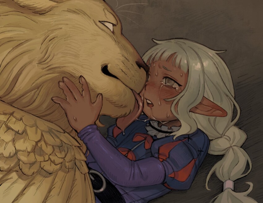 1boy aged_down crying crying_with_eyes_open dark-skinned_male dark_skin dungeon_meshi empty_eyes grey_eyes grey_hair highres juliet_sleeves licking licking_another&#039;s_face lion long_hair long_sleeves low-tied_long_hair pointy_ears puffy_sleeves snugglepuff28 tears thistle_(dungeon_meshi) winged_lion_(dungeon_meshi)