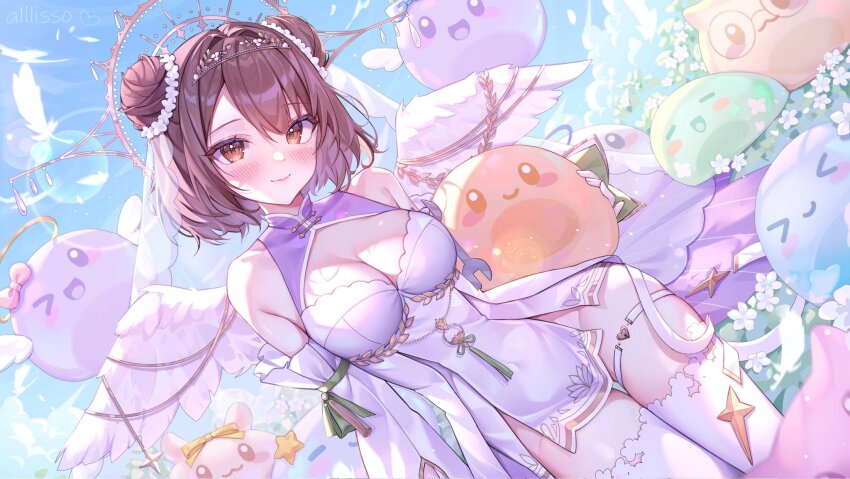 &gt;_&lt; &gt;_o 1girl alllisso artist_name blush blush_stickers bow breasts brown_hair cleavage closed_mouth clothing_cutout covered_navel double_bun dress feathered_wings feathers flower glasses gloves hair_bun hair_ornament halo heart highres holding one_eye_closed pink_bow second-party_source shadow sheffy_(vtuber) short_hair shoulder_cutout tassel thighhighs vdonburi virtual_youtuber white_dress white_feathers white_flower white_gloves white_thighhighs white_wings wings