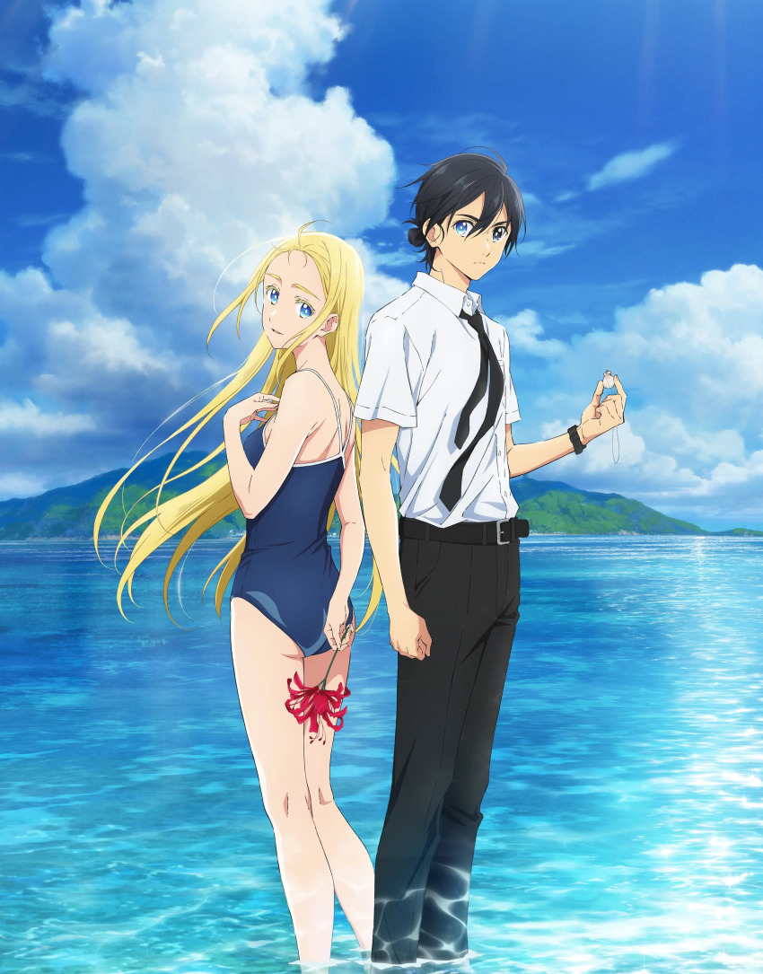 1boy 1girl absurdres ajiro_shinpei anime_coloring back-to-back bare_arms bare_shoulders belt black_belt black_hair black_necktie black_pants blonde_hair blue_eyes blue_one-piece_swimsuit cloud competition_school_swimsuit cumulonimbus_cloud day feet_out_of_frame flower heterochromia highres holding holding_flower holding_jewelry holding_necklace island jewelry key_visual kneepits kofune_ushio long_hair looking_at_viewer looking_to_the_side matsumoto_miki necklace necktie ocean official_art one-piece_swimsuit outdoors pants promotional_art red_flower school_swimsuit shallow_water shirt short_sleeves sky spider_lily standing summertime_render swimsuit very_long_hair wading water white_shirt