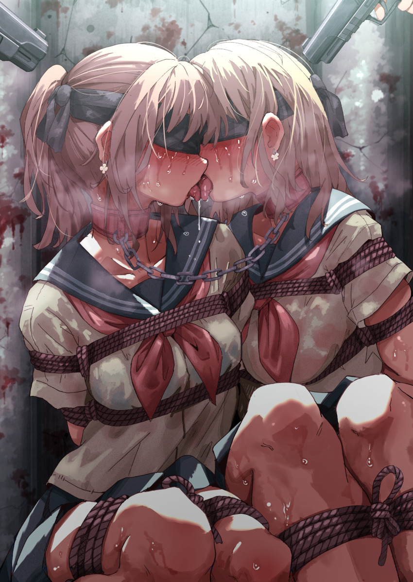 2girls absurdres at_gunpoint bdsm blindfold blonde_hair blush bondage bound bound_arms bound_legs chain chain_leash collar commentary_request earrings forced_kiss forced_partners french_kiss gun highres huyunokure jewelry kiss leash linked_collar multiple_girls original partial_commentary ponytail restrained rope school_uniform serafuku shibari shirt short_sleeves skirt slave tears threat weapon white_shirt yuri