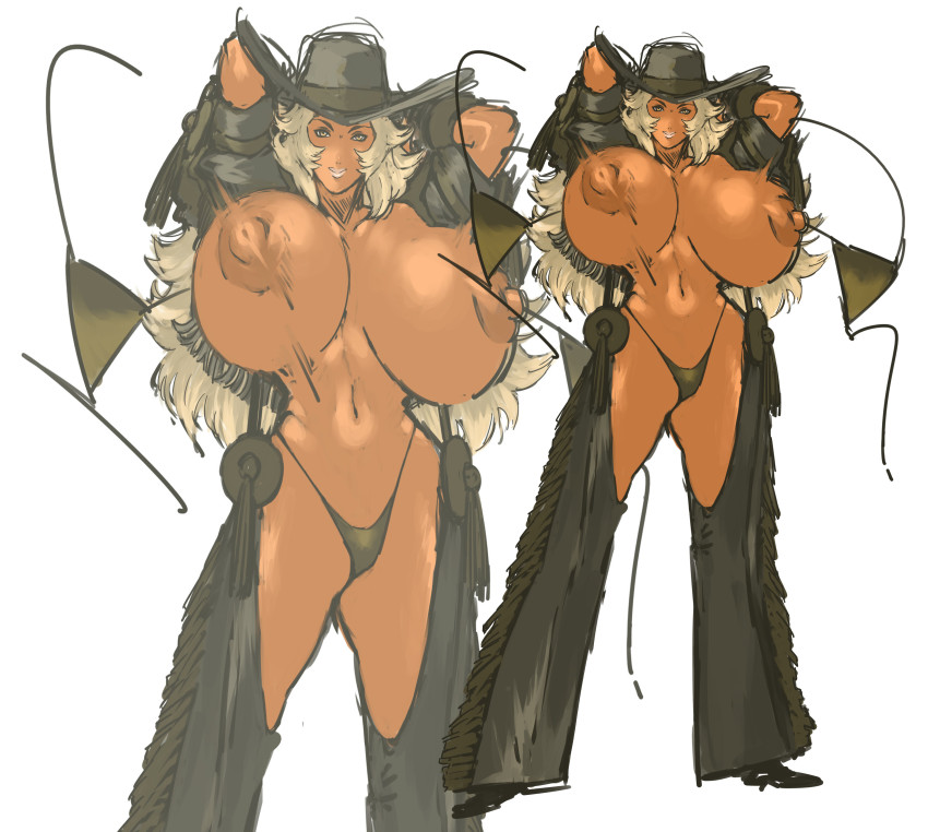 1girl absurdres bikini blonde_hair bouncing_breasts breasts chaps cowboy cowboy_hat cowboy_western curvy dark-skinned_female dark_skin female_focus gloves hat highres huge_breasts jacket long_hair looking_at_viewer nameo_(judgemasterkou) nipples original puffy_nipples simple_background solo standing swimsuit undressing wardrobe_malfunction western