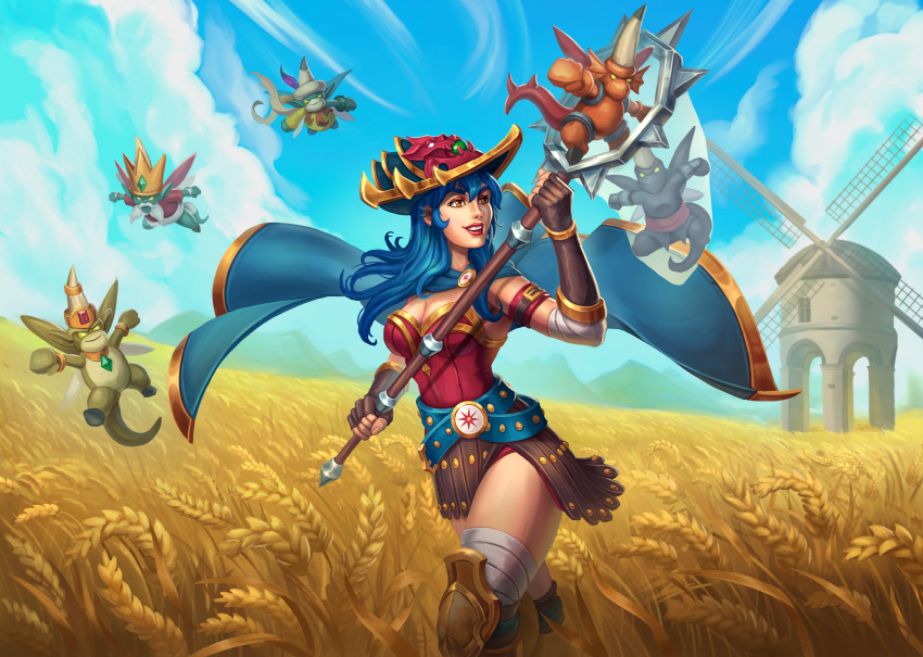 1girl absurdres armor bandaged_arm bandaged_leg bandages blue_hair breasts butterfly_net cape catching cloud cloudy_sky commentary commission dang_(runescape) dragon_tail duellist&#039;s_cap_(tier_6) english_commentary field fingerless_gloves gladiator gloves glowing_hat green_cape hand_net hat highres holding holding_butterfly_net imp leotard long_hair medium_breasts mountainous_horizon nicholas_hoe old_school_runescape original outdoors poleyn red_leotard runescape shiny_lips sky smile spiked_ear_piercing standing sun_symbol tail thick_eyebrows wheat wheat_field windmill wings yellow_eyes