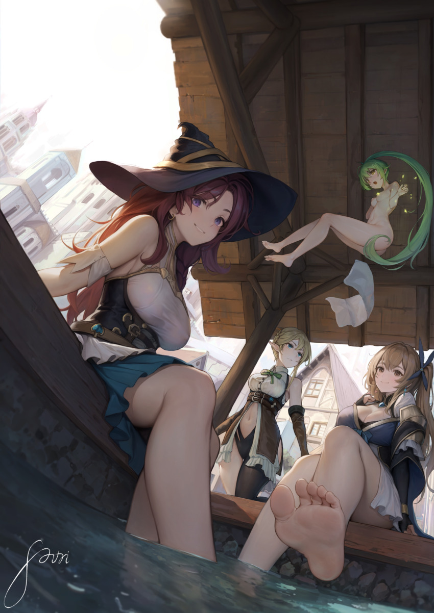 4girls barefoot black_panties black_thighhighs blonde_hair blue_eyes braid breasts brown_eyes brown_hair bustier character_request cleavage commentary_request copyright_request earrings fairy fantasy feet floating foot_bath foot_focus green_hair halterneck hat highres jewelry knees large_breasts legs long_hair looking_at_viewer multiple_girls navel nude panties purple_eyes red_hair ribbon scenery shirt short_hair side_ponytail signature sitting skirt sodas_red soles sparkle thighhighs thighs toes towel town underwear white_shirt witch witch_hat wooden_ceiling