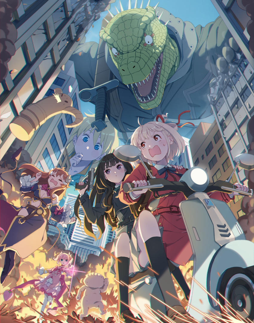 1boy 5girls absurdres black_hair blonde_hair breasts caiman_(dorohedoro) chiyoda_momo cleavage commentary crisis_management_form_(machikado_mazoku) crossover crying demon_girl demon_horns demon_tail dorohedoro dress fleeing grey_dress gun gyoza_man handgun highres horns inoue_takina kaiju lilith_(machikado_mazoku) lizardman lycoris_recoil lycoris_uniform machikado_mazoku magical_girl medium_breasts mochi_(m0chi0000) motor_vehicle multiple_crossover multiple_girls multiple_riders nikaidou_(dorohedoro) nishikigi_chisato on_scooter outdoors pink_hair red_dress red_hair reptile_boy riding riding_scooter running scooter sharp_teeth size_difference statue sweatdrop tail teeth trigger_discipline vespa wavy_mouth weapon yoshida_yuuko_(machikado_mazoku)