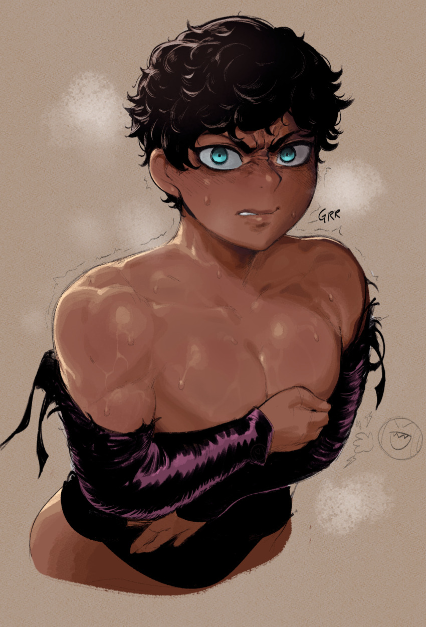 1boy angry black_hair blue_eyes brown_background clenched_teeth covering_breasts covering_privates curly_hair dark-skinned_male dark_skin dungeon_meshi furrowed_brow glaring heavy_breathing highres kabru krekkov large_pectorals looking_at_viewer male_focus pectorals solo sweat teeth topless_male torn_clothes trembling